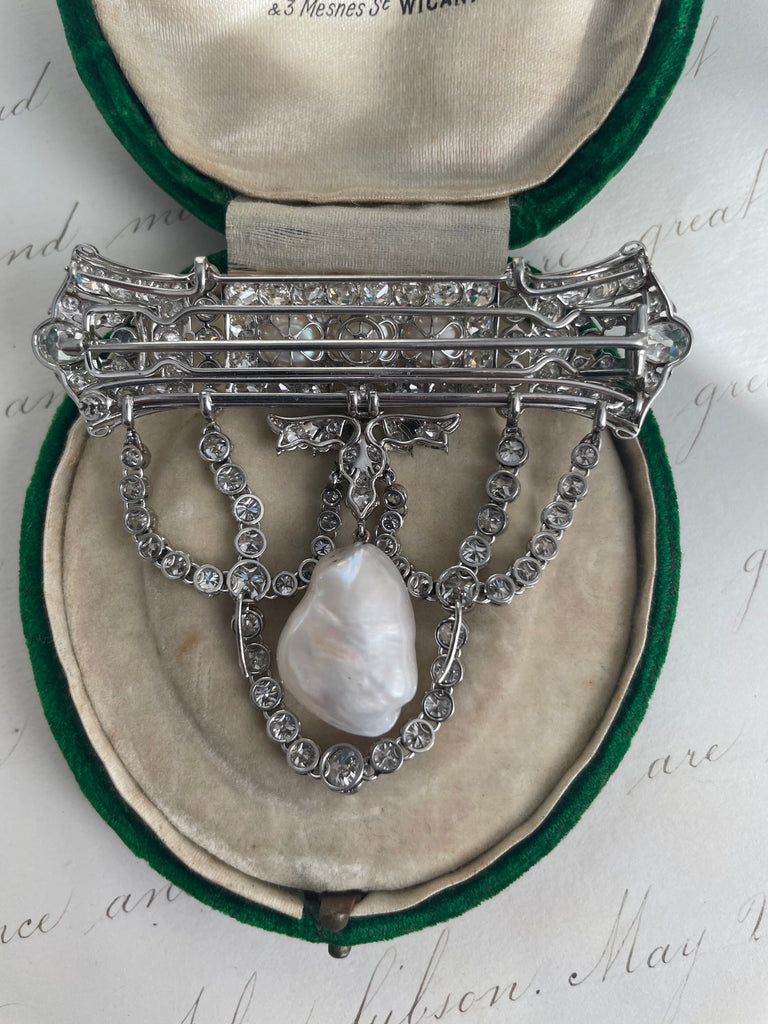 Edwardian Diamond, Pearl and Platinum Pendant Brooch, Garland Era